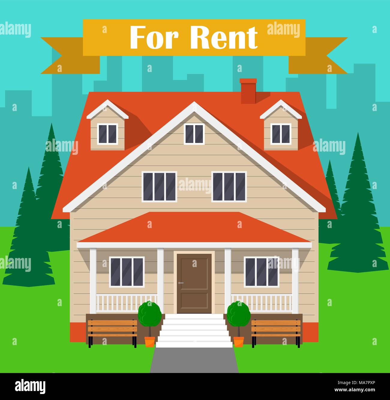 House for rent. Traditional cottage s facade, house renting concept