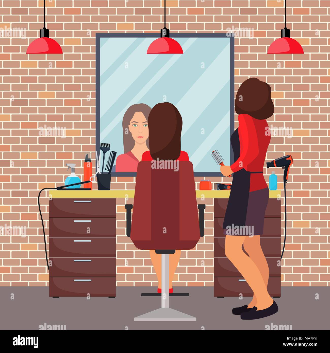 Hairdresser and woman client in beauty hairdressing salon. Chair, mirror, table, hairdressing tools, cosmetic products for hair care. Barber shop inte Stock Vector