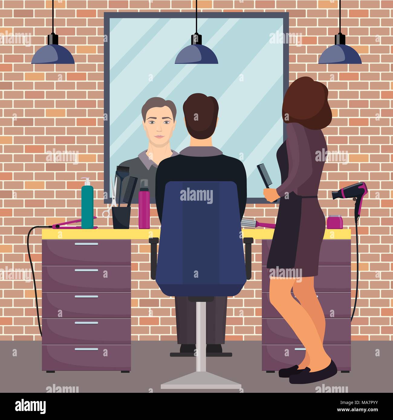 Hairdresser and man client in beauty hairdressing salon in loft style. Chair, mirror, table, hairdressing tools, cosmetic products for hair care. Barb Stock Vector