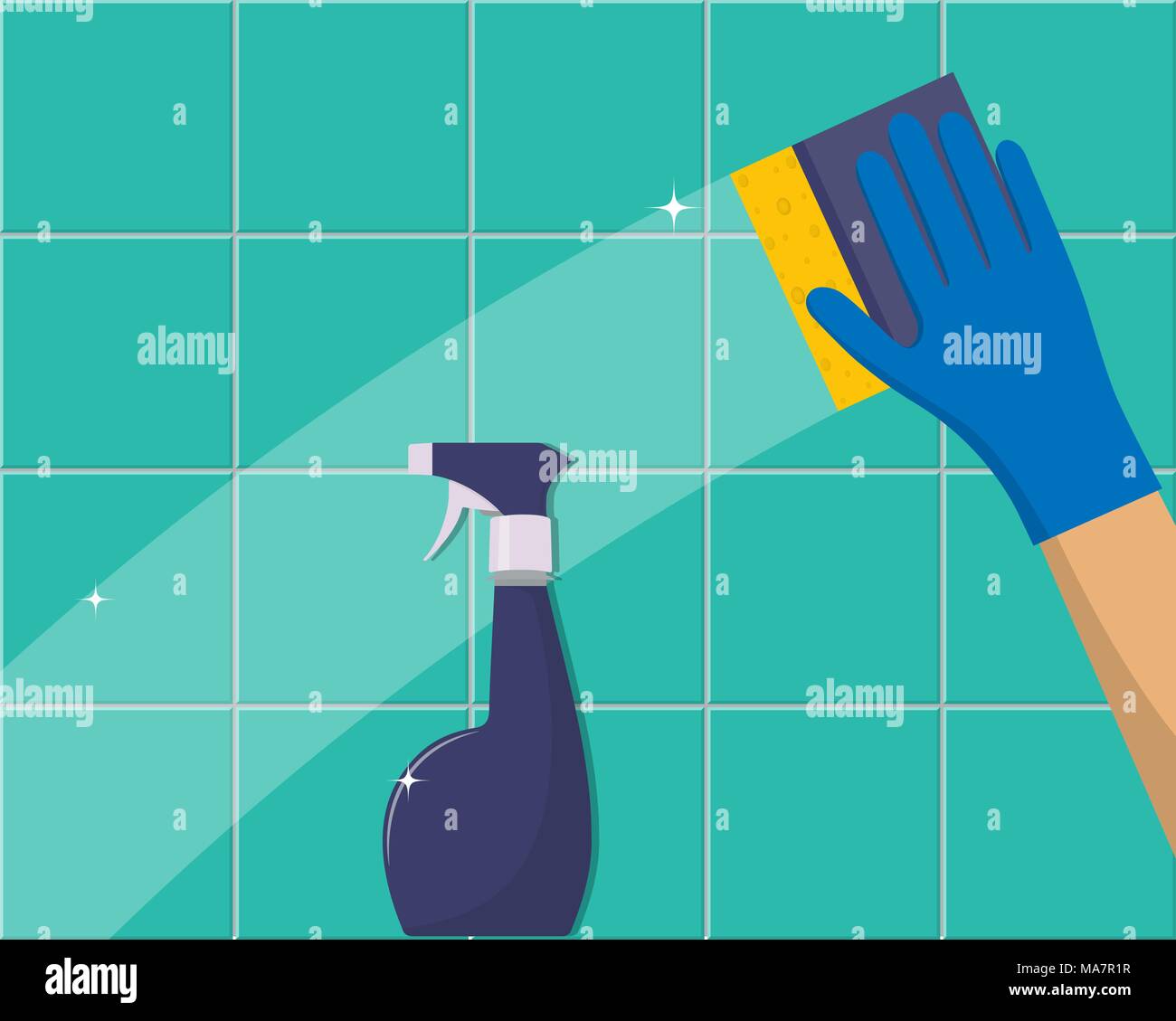 Cleaning concept. Hand in blue rubber glove cleans the tile with sponge ...