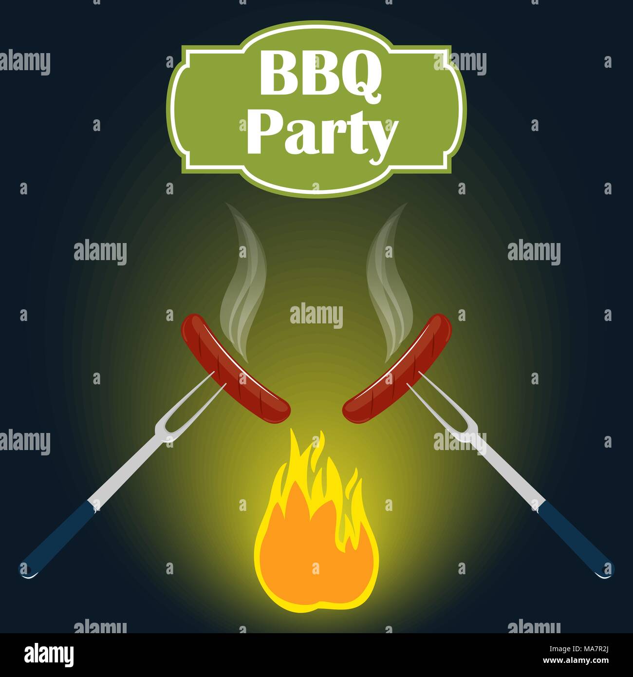 Barbecue party invitation card design template. Fire, sausage, fork. Vector illustration, flat style Stock Vector