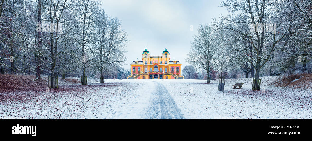 Baroque hunting lodge Schloss Favorite, Ludwigsburg, in snow Stock Photo
