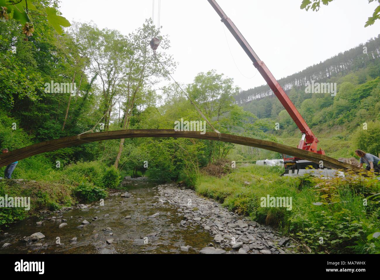 9 in a series of 32, building a timber footbridge. Lifting the complete arch into place using a crane.  Construction of a screw and glue laminated tim Stock Photo