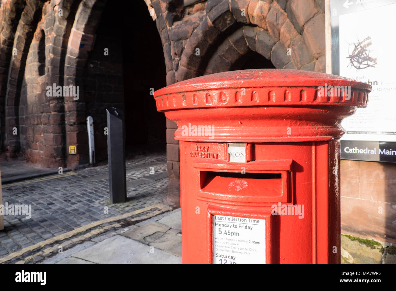 Red,postbox,post box,letter,box,at,entrance,to, Abbey,Square,Chester