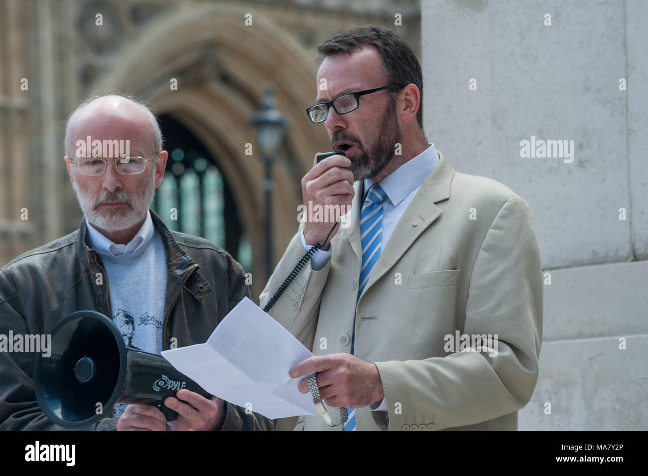 Paul Tully, general secretary of the Society for the Protection of Unborn Children,an anti-abortion group, speaks at the  Magna Carta Day protest by right-wing Christian organisation Voice for Justice. Stock Photo