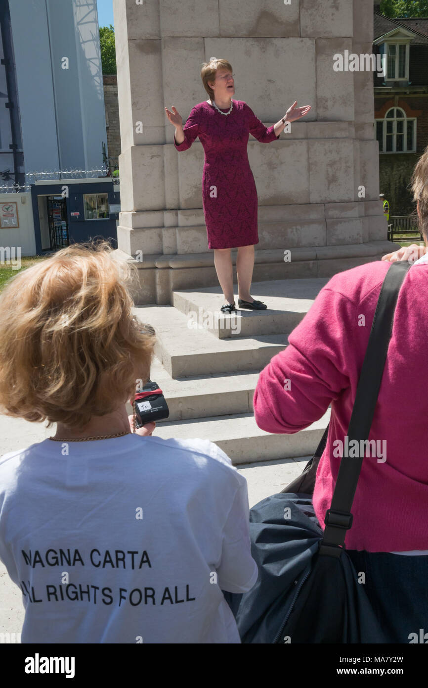 Linda Stalley, co leader at the Maranatha Community, speaks on the Judeo-Christian basis of Magna Carta at the  protest by right-wing Christian organisation Voice for Justice calling for freedom to express their religious views. Stock Photo