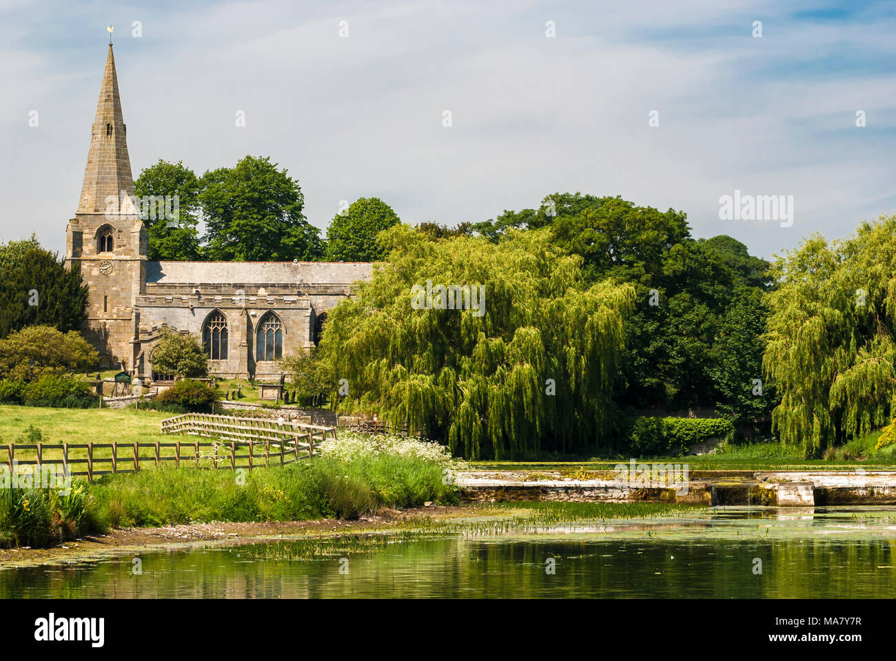 Taken across Brompton Ponds, All Saints Church in Brompton by Sawdon near Scarborough, North Yorkshire, England. 03 June 2007. Stock Photo