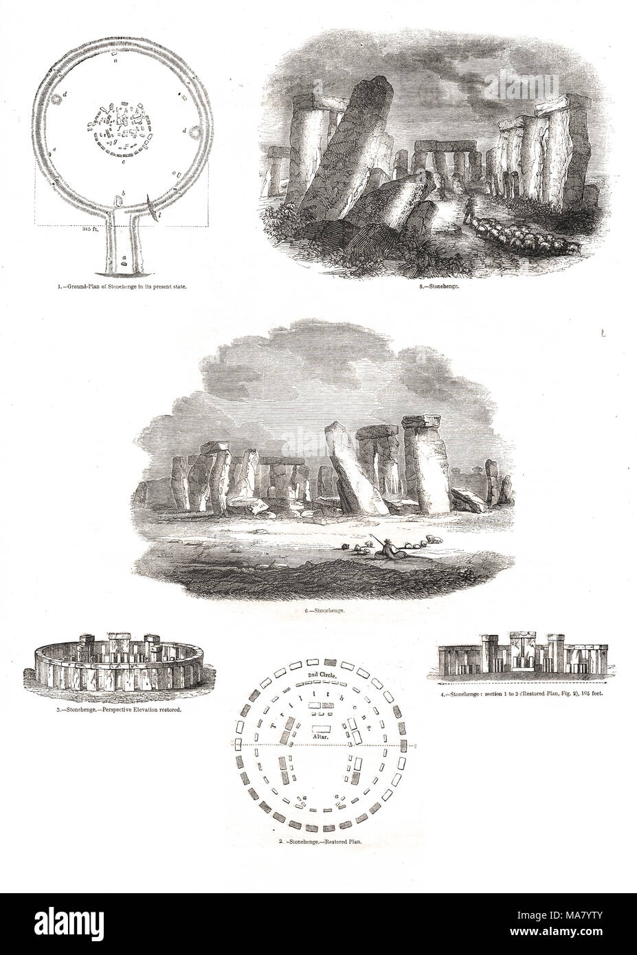 Stonehenge prehistoric monument, Wiltshire, England, UK.  Early 19th century drawings showing ground plan of fallen stones and proposed plans to restore the monument Stock Photo