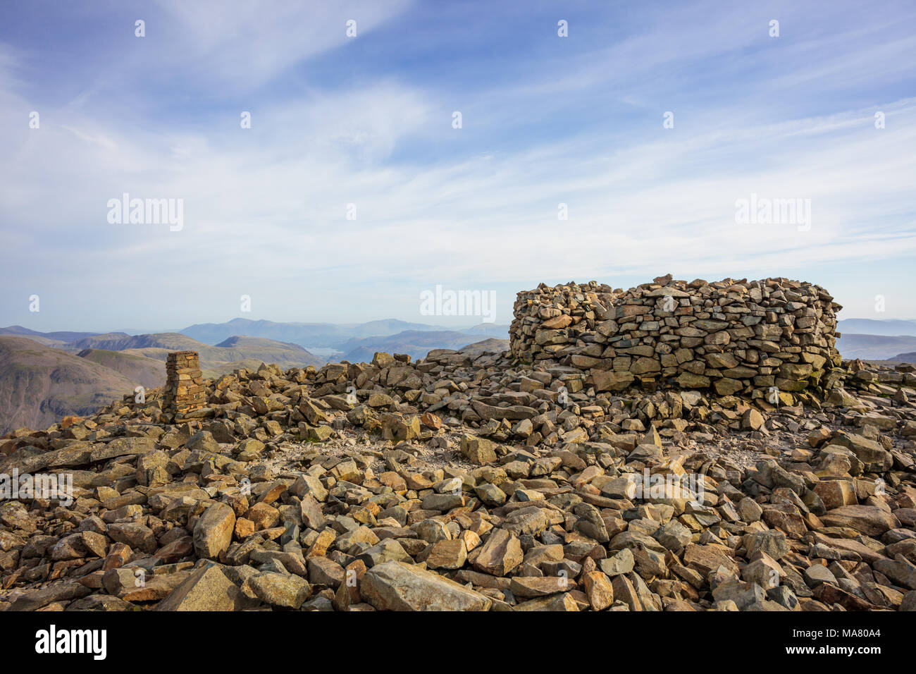 Scafell Pike summit cairn & trig point, English Lake District Stock Photo