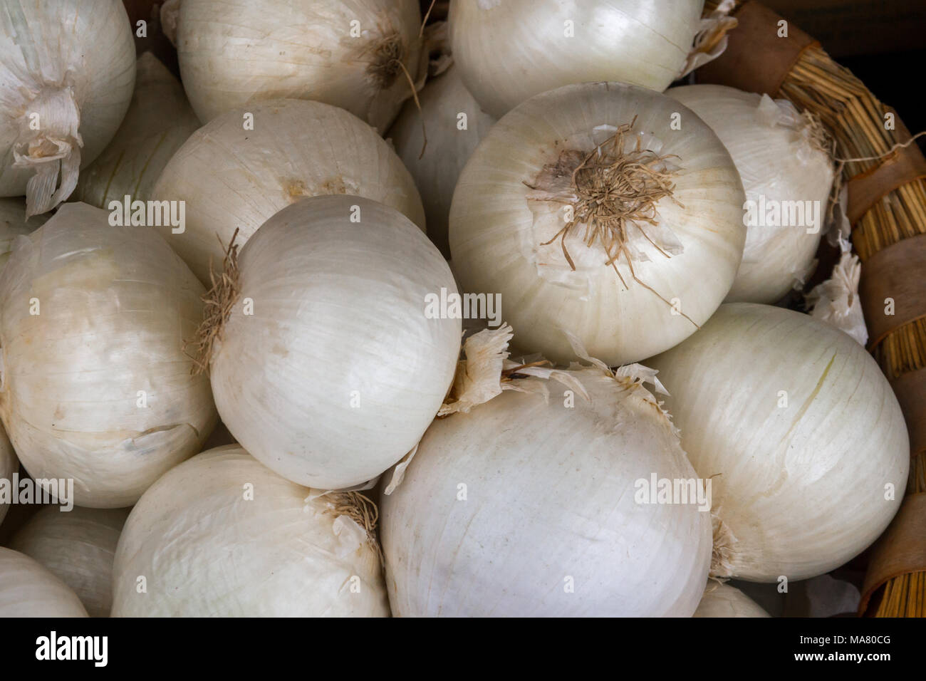Fresh white onions in a wicker basket Stock Photo - Alamy