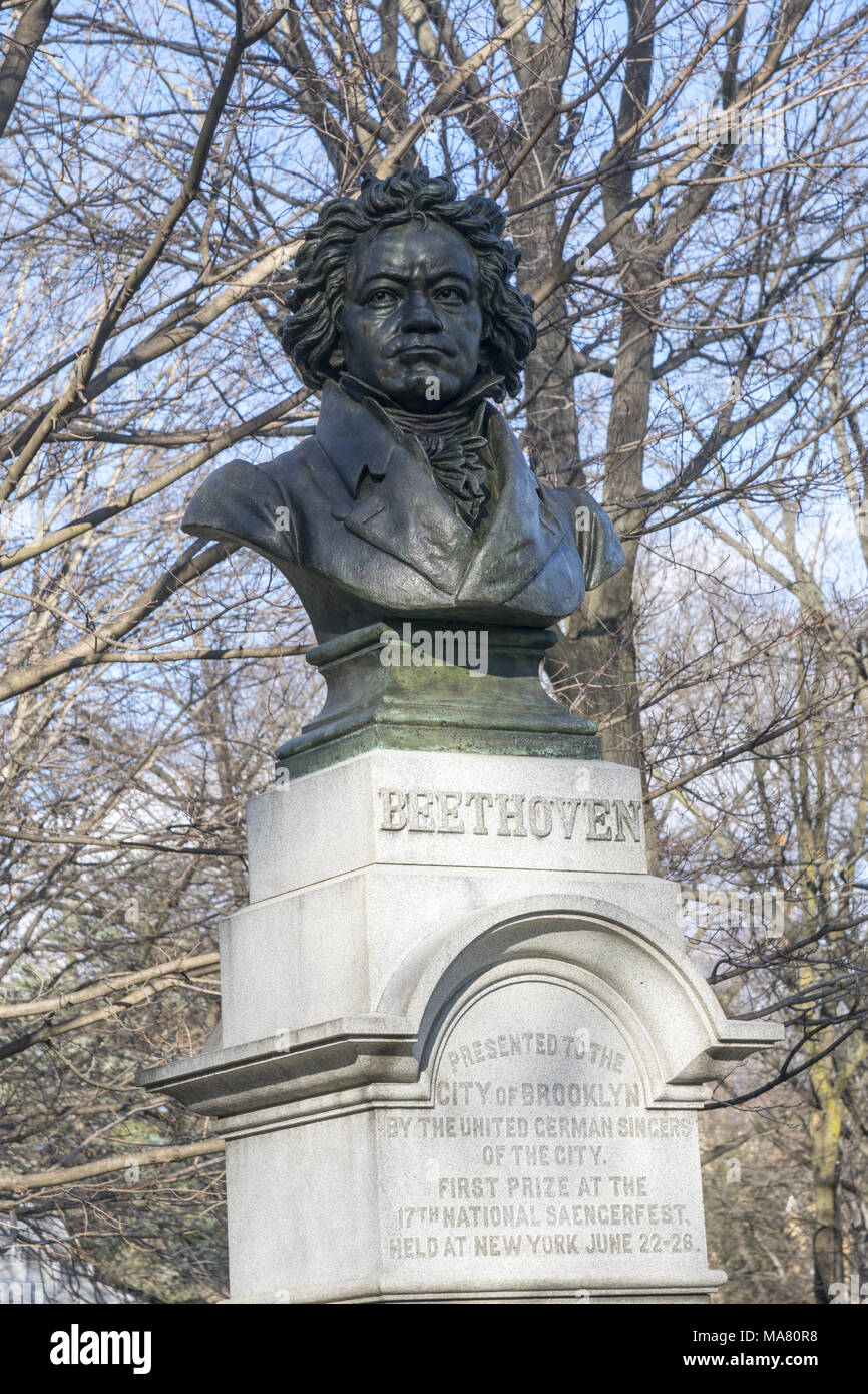 Bronze bust of the world renowned German composer Ludwig van Beethoven (1770–1827) was created by the German-American sculptor Henry Baerer (1837–1908) and stands in the Concert Grove in Prospect Park, Brooklyn, New York. Stock Photo