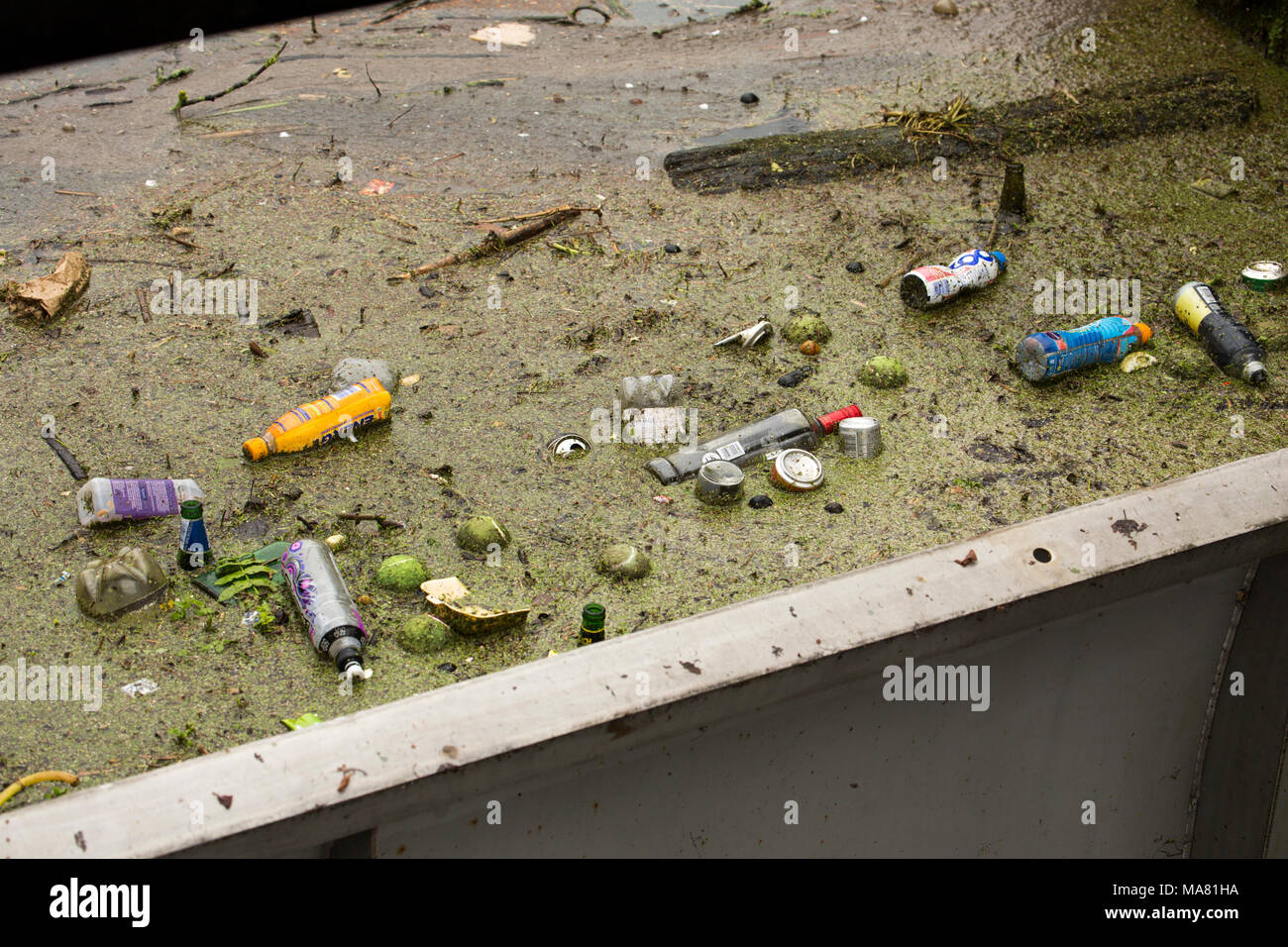Plastic bottles, tennis balls and other rubbish accumulating about a sluice gate, River Avon Salisbury Wiltshire England UK GB Stock Photo
