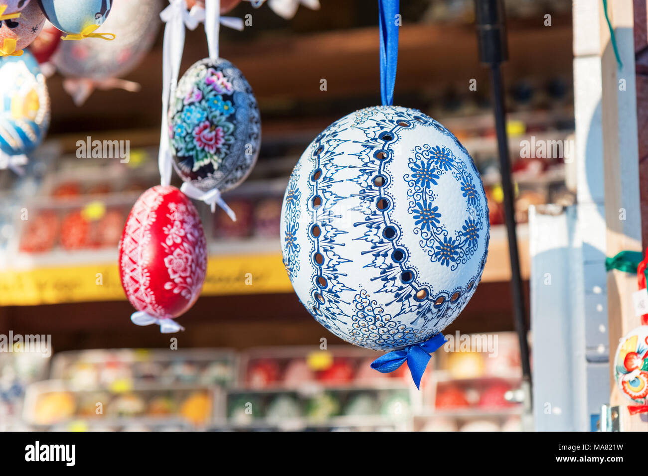 Wide selection of Easter eggs, traditional souvenirs in the kiosk of