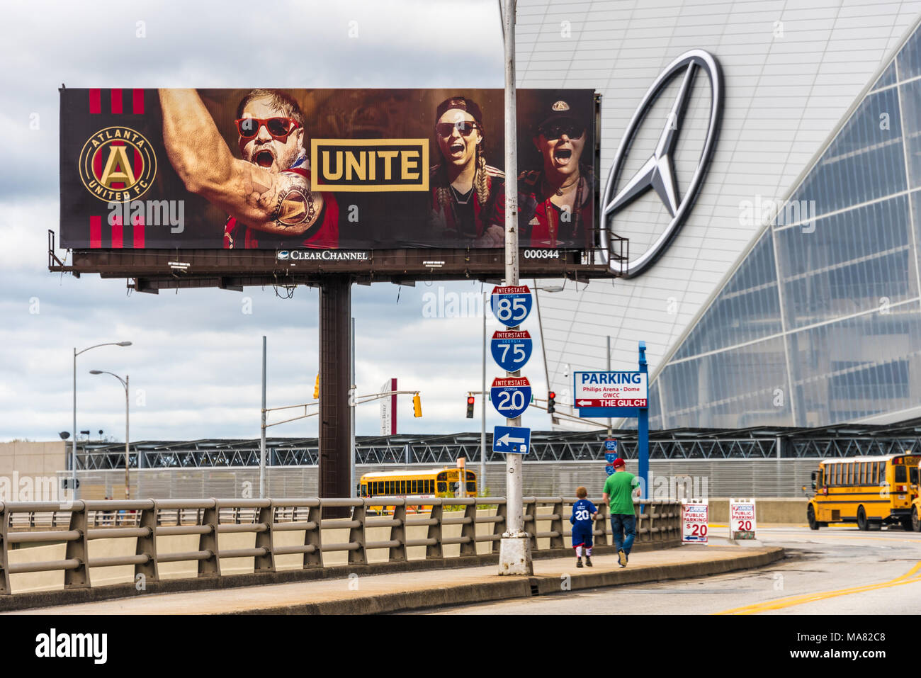 Atlanta United FC billboard in front of their home stadium, Mercedes-Benz Stadium in Atlanta, Georgia. (USA) Stock Photo