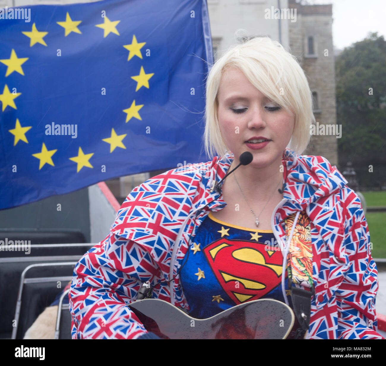 29/03/2018; London, UK; Madeleina Kay performing on the EU Superhero Day protest on an open top bus in London to promote and support the EU one year t Stock Photo