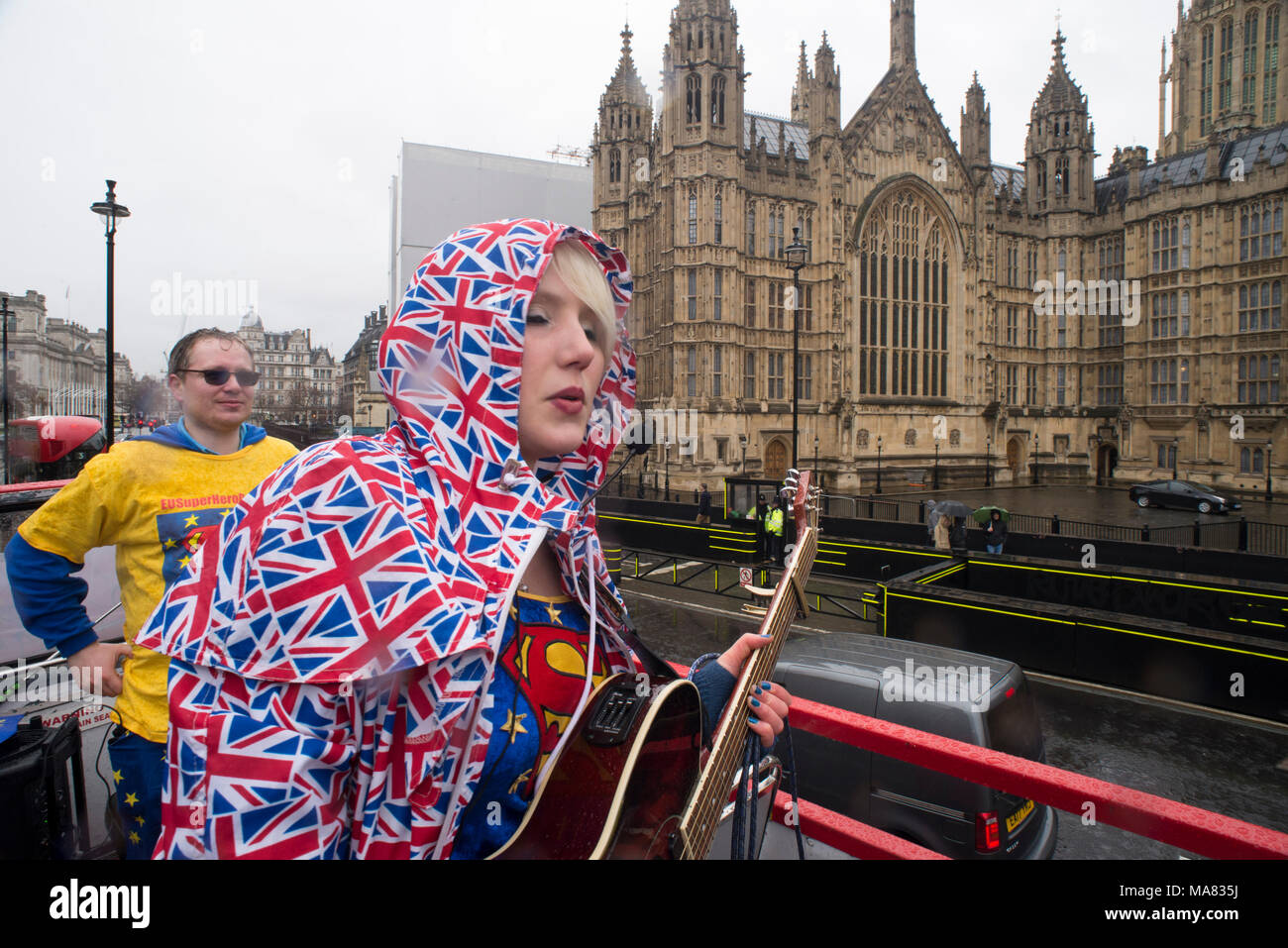 29/03/2018; London, UK; Madeleina Kay performing on the EU Superhero Day protest on an open top bus in London to promote and support the EU one year t Stock Photo