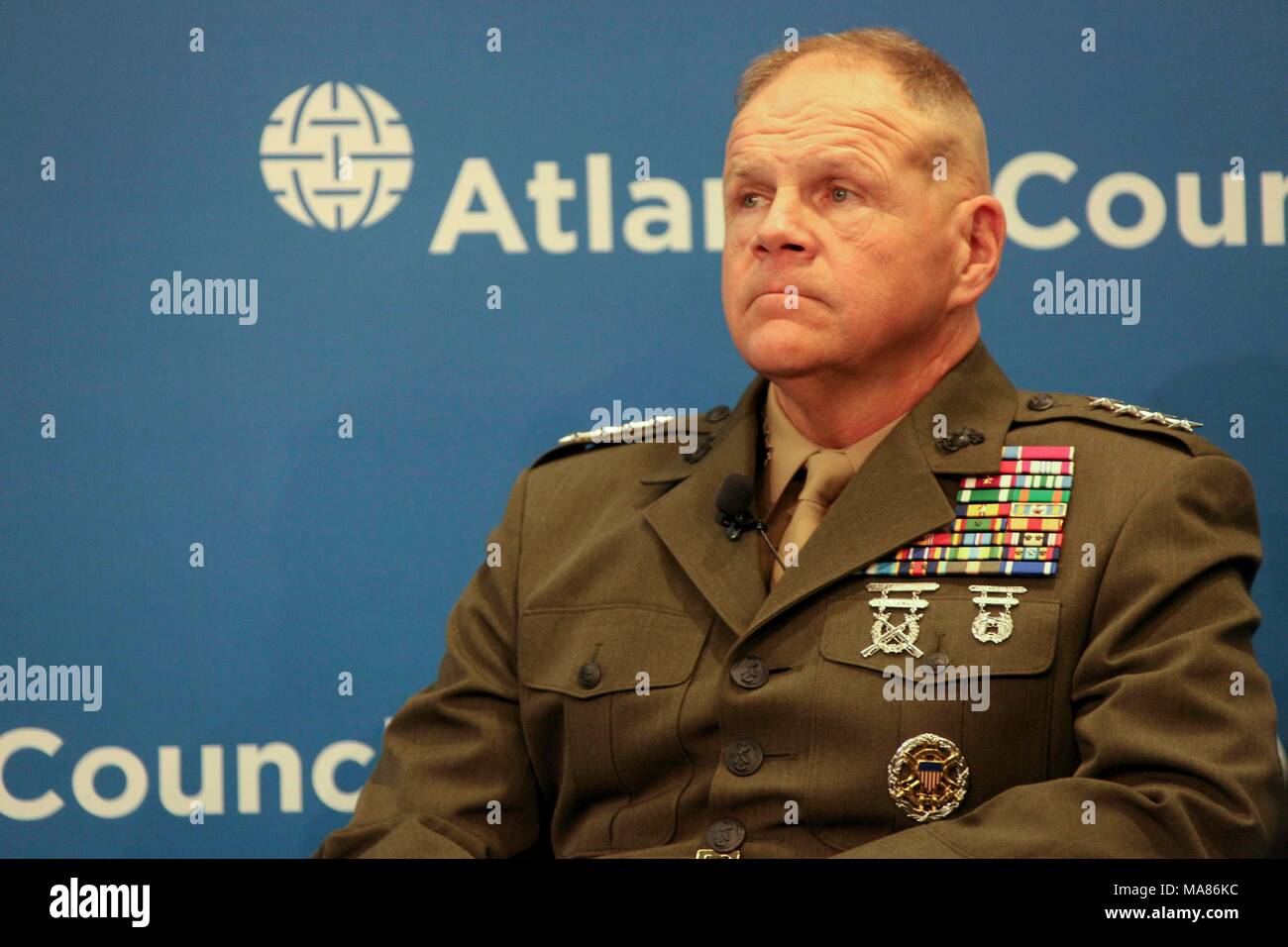 Commandant of the Marine Corps Gen. Robert B. Neller speaks to guests at the Atlantic Council, Washington, D.C., March 29, 2018. Neller spoke about the National Defense Strategy and the Marine Corps. (U.S. Marine Corps photo by Sgt. Olivia G. Ortiz) Stock Photo