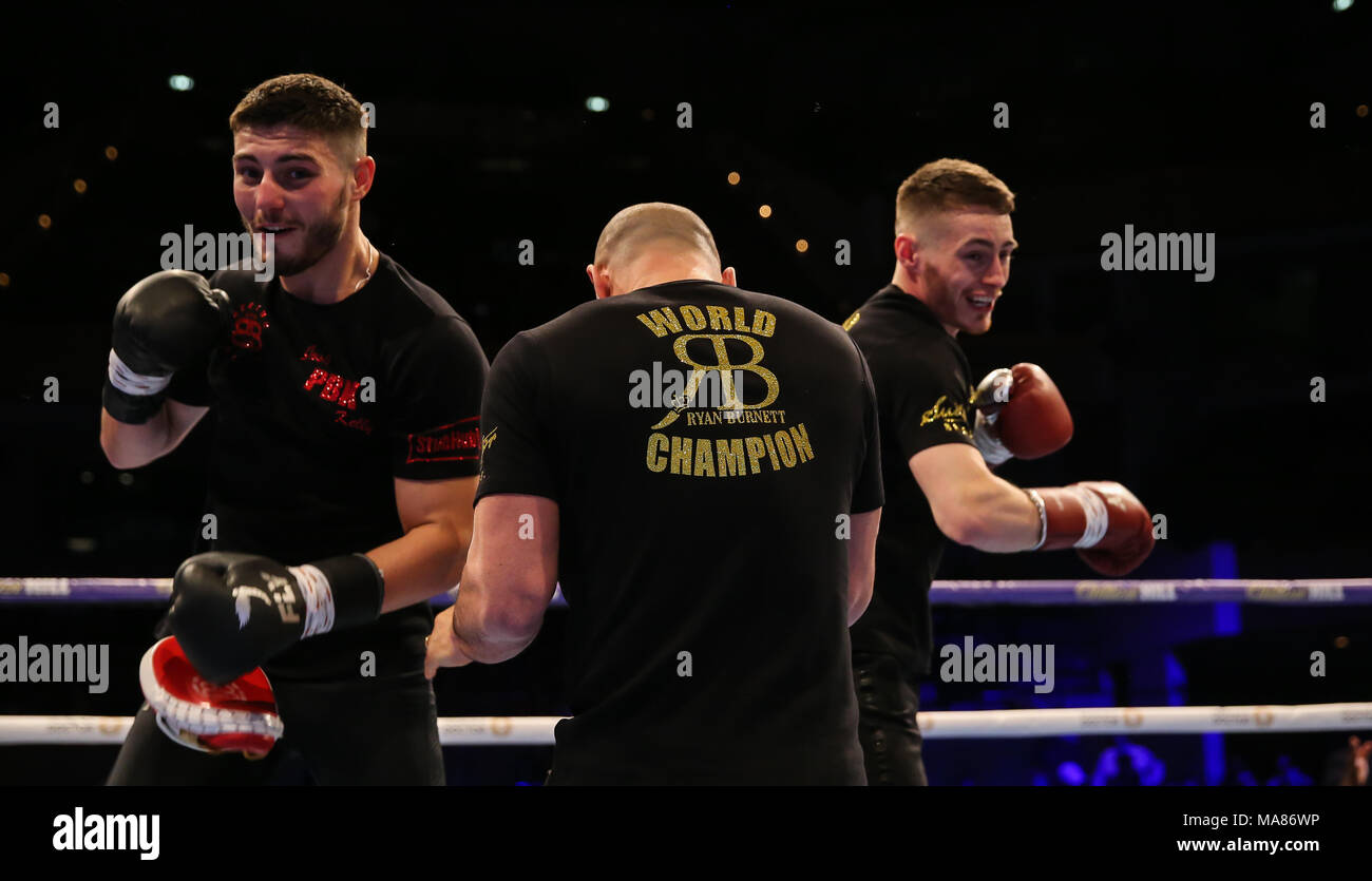 03-28-2018, St Davids Hall, Cardiff.    Ryan Burnett and Josh Kelly during the workout  Pubic work out for the Anthony Joshua V Joseph Parker Unified  Stock Photo