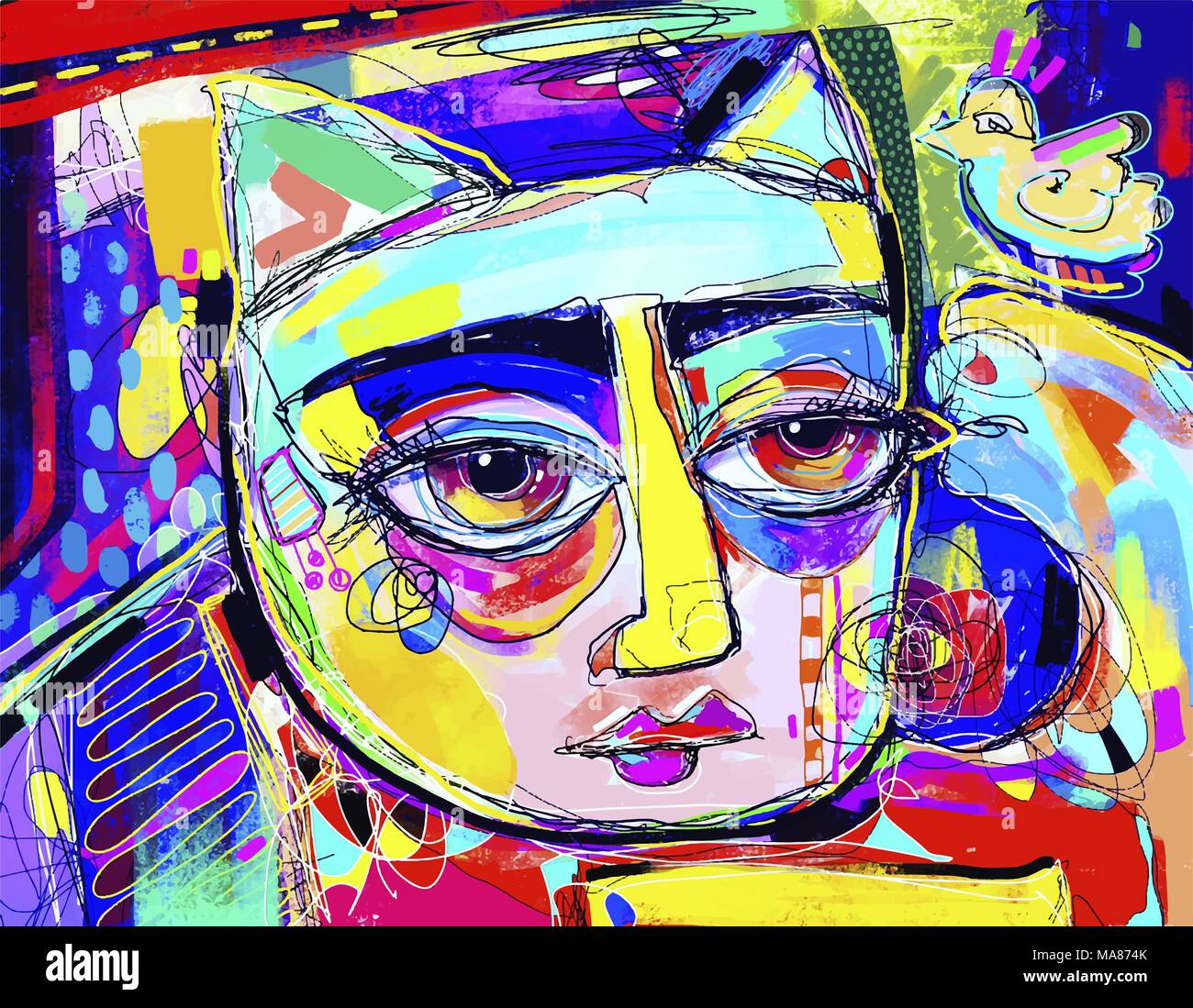 original digital artwork of cat portrait, contemporary art pictu Stock