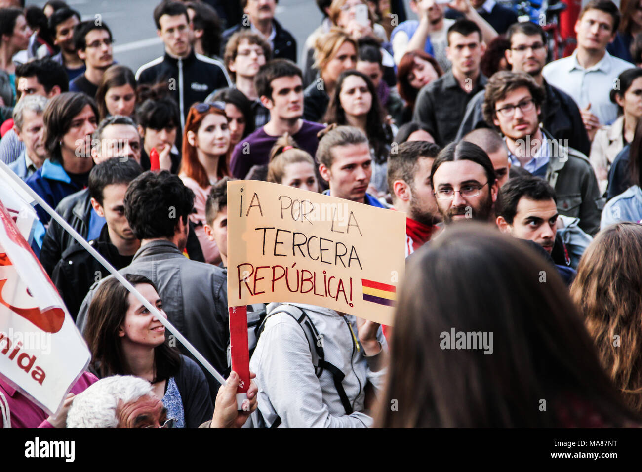 BRUSSELS, BELGIUM, 3 June 2014: Spanish community in Belgium protesting against the Spanish Monarchy Stock Photo