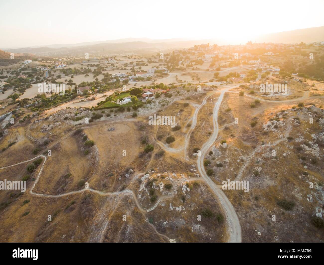 Aerial bird's eye view of UNESCO world heritage site Choirokoitia, Larnaca, Cyprus. View of Khirokoitia, a prehistoric ancient neolithic archaelogical Stock Photo