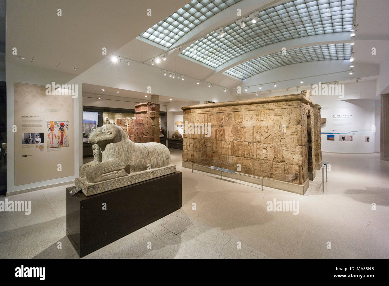 Oxford. England. Ashmolean Museum, Egyptian Galleries the shrine of King Taharqa (690–664 BC), and ram of Amun.  Sandstone shrine built by King Taharq Stock Photo