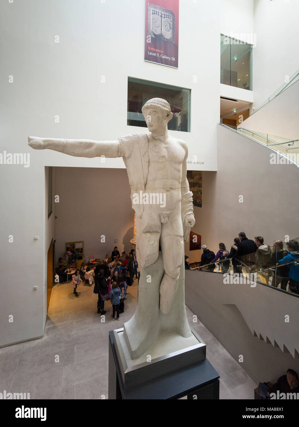 Oxford. England. The Ashmolean Museum, interior atrium. Statue of Apollo (foreground) in the Zvi and Ofra Meitar Family Fund Atrium. Stock Photo