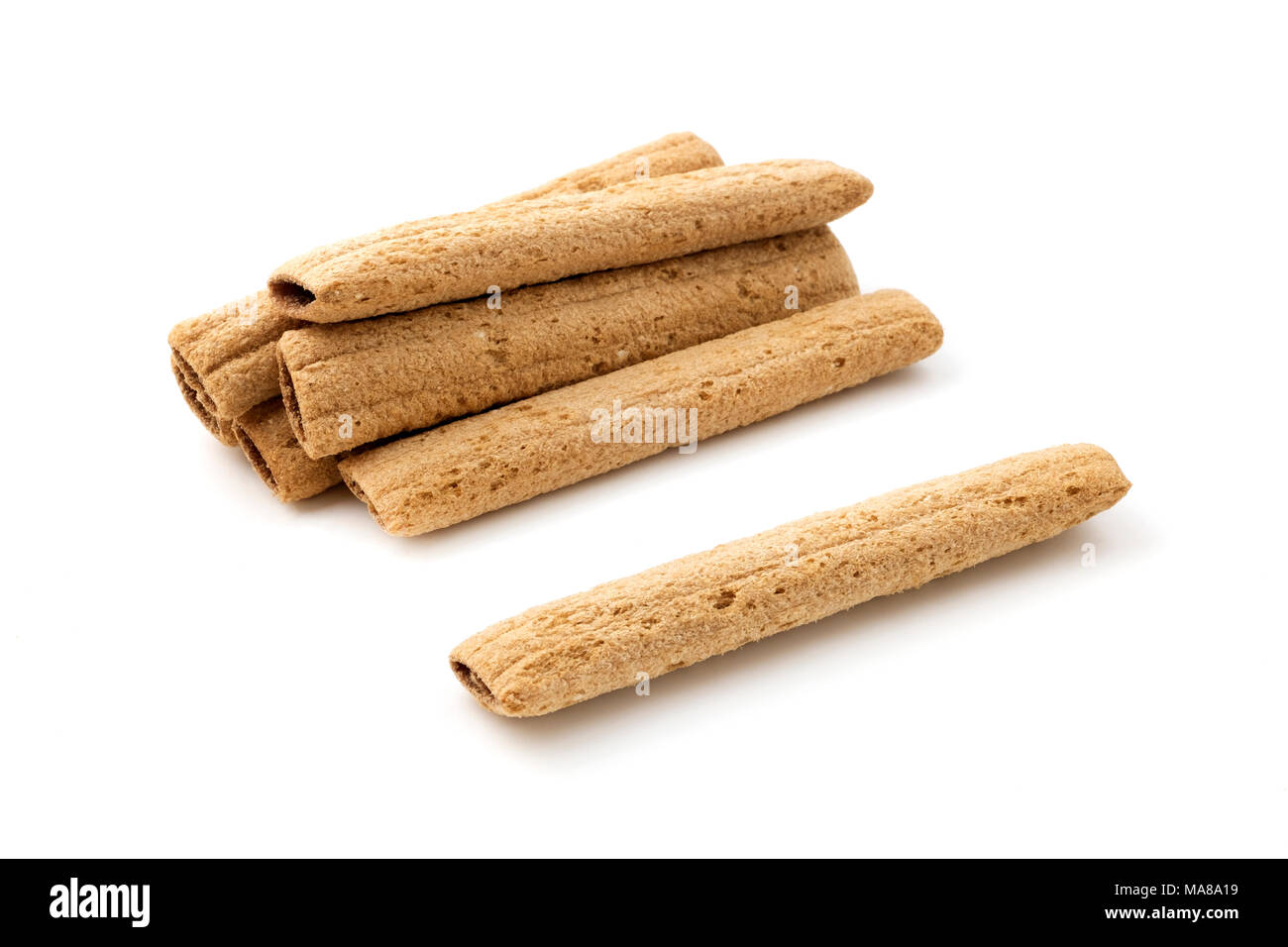 Chocolate cookie sticks on a white background Stock Photo