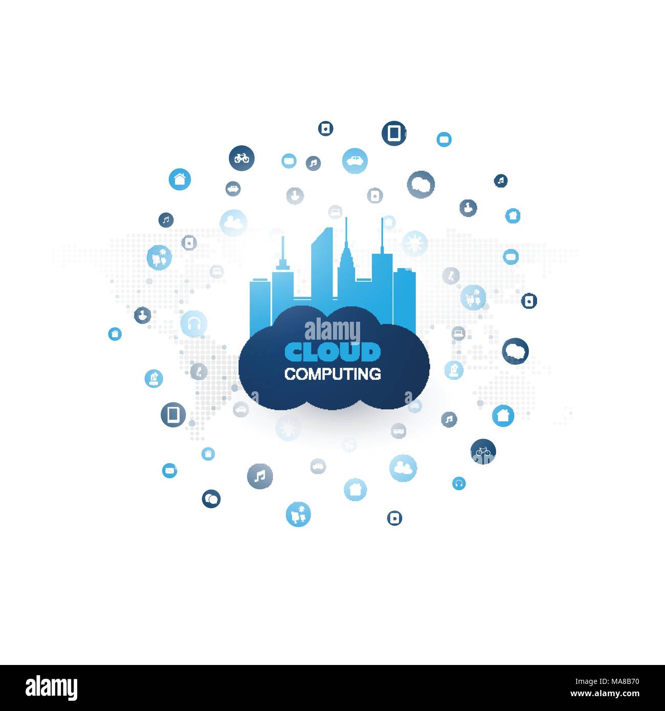 Cloud Computing Design Concept with Mesh, Connected Icons Representing Various Smart Devices and Services - Digital Network Connections, Technology Ba Stock Vector