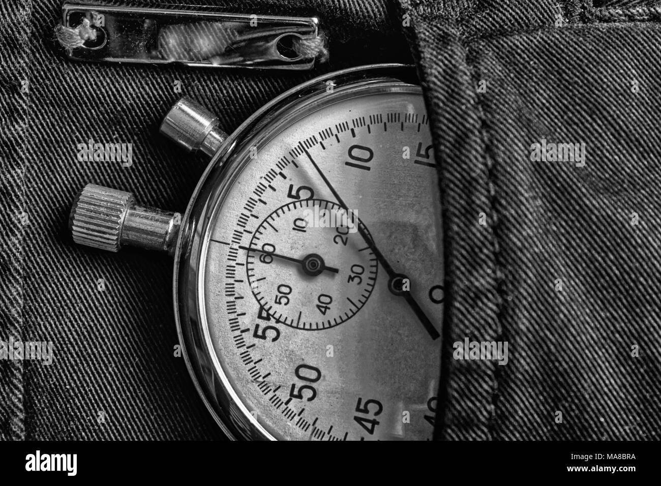 Vintage Antiques Stopwatch In Black Denim Pocket With Reflection Plank Value Measure Time Old Clock Arrow Minute Second Accuracy Timer Record Vintage Antiques Stopwatch In Black Denim Pocket With Reflection Plank Value Measure Time Old Clock Arrow Minute Second Accuracy Timer Record