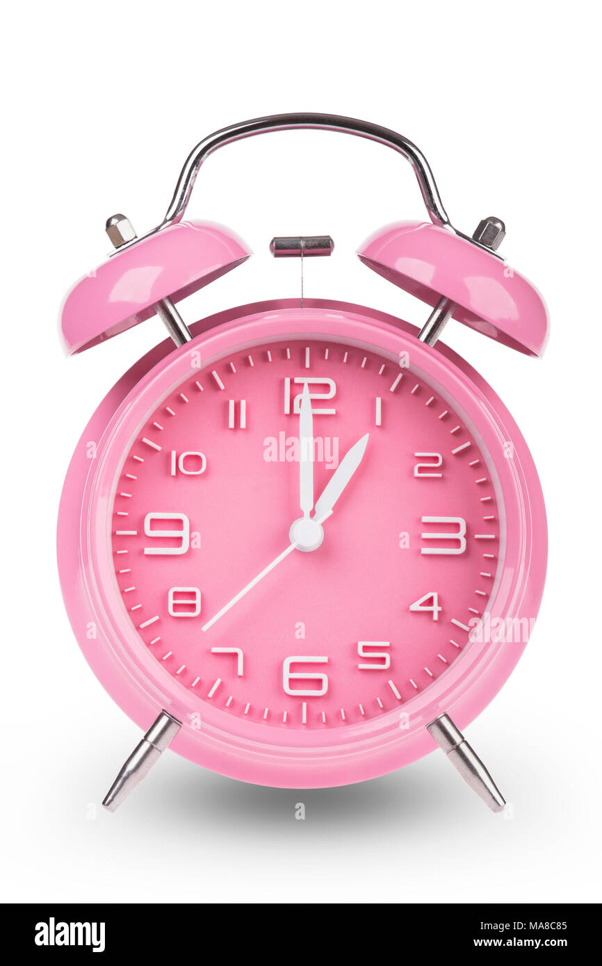 Pink alarm clock with the hands at 1 am or pm isolated on a white background Stock Photo Alamy