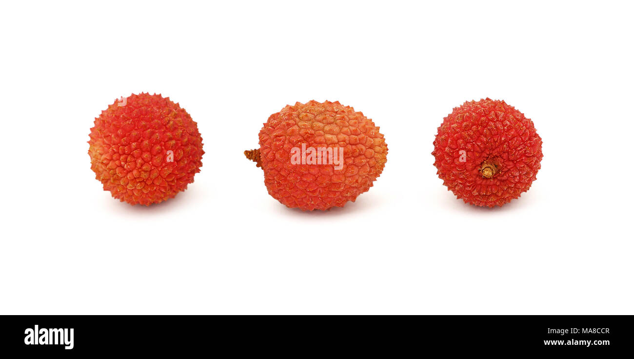 Three fresh red ripe lychee (Litchi chinensis) tropical fruits isolated on white background, detail close up in different perspectives, low angle view Stock Photo