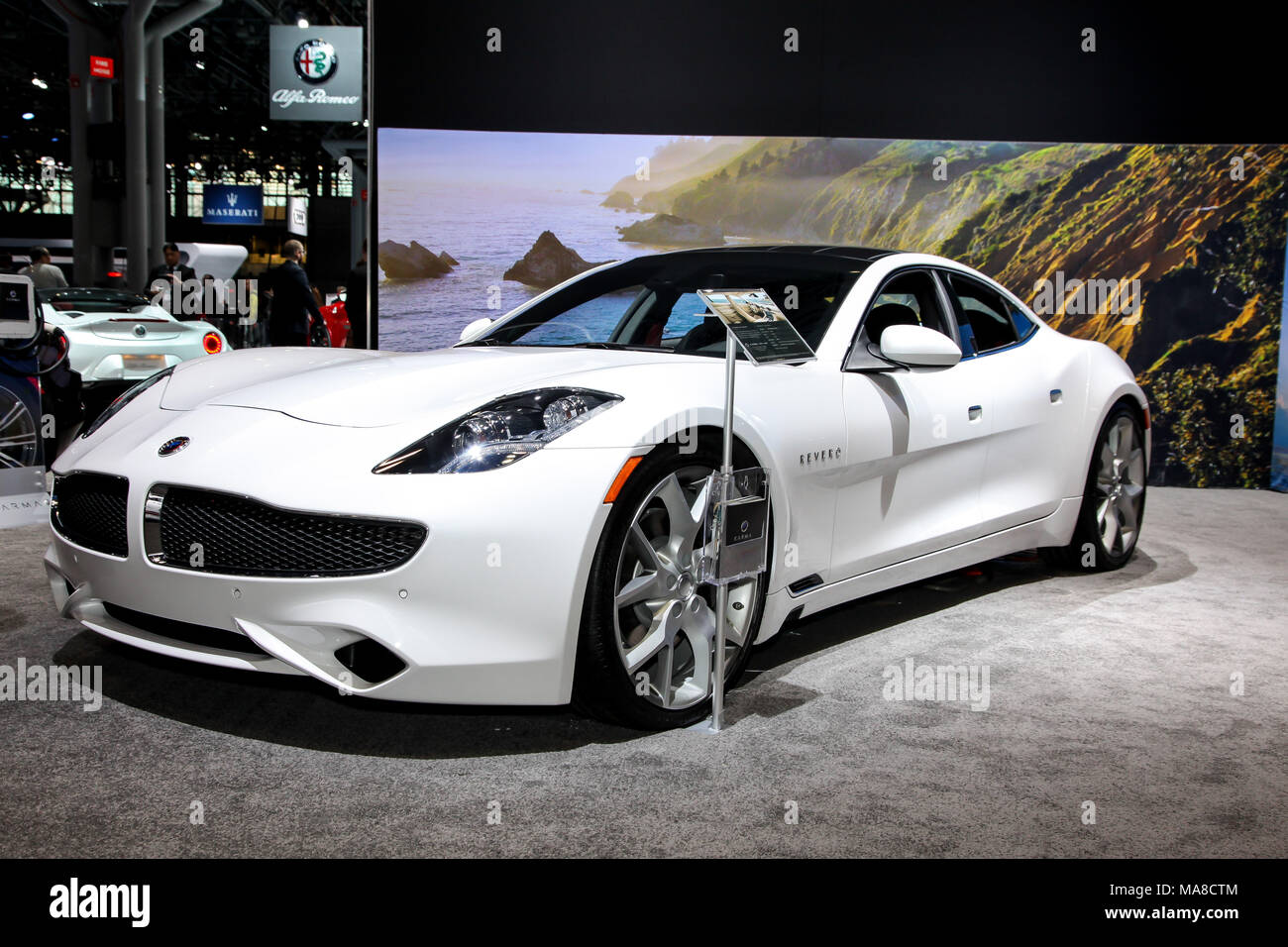 NEW YORK CITY-MARCH 28: 2018 Karma Revero hybrid electric luxury super cars shown at the New York International Auto Show 2018, at the Jacob Javits Ce Stock Photo