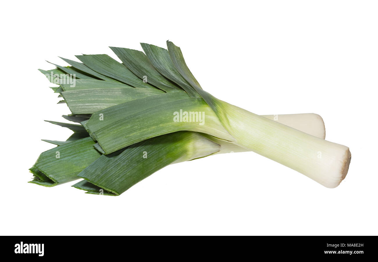 Two fresh green leeks on white background Stock Photo Alamy