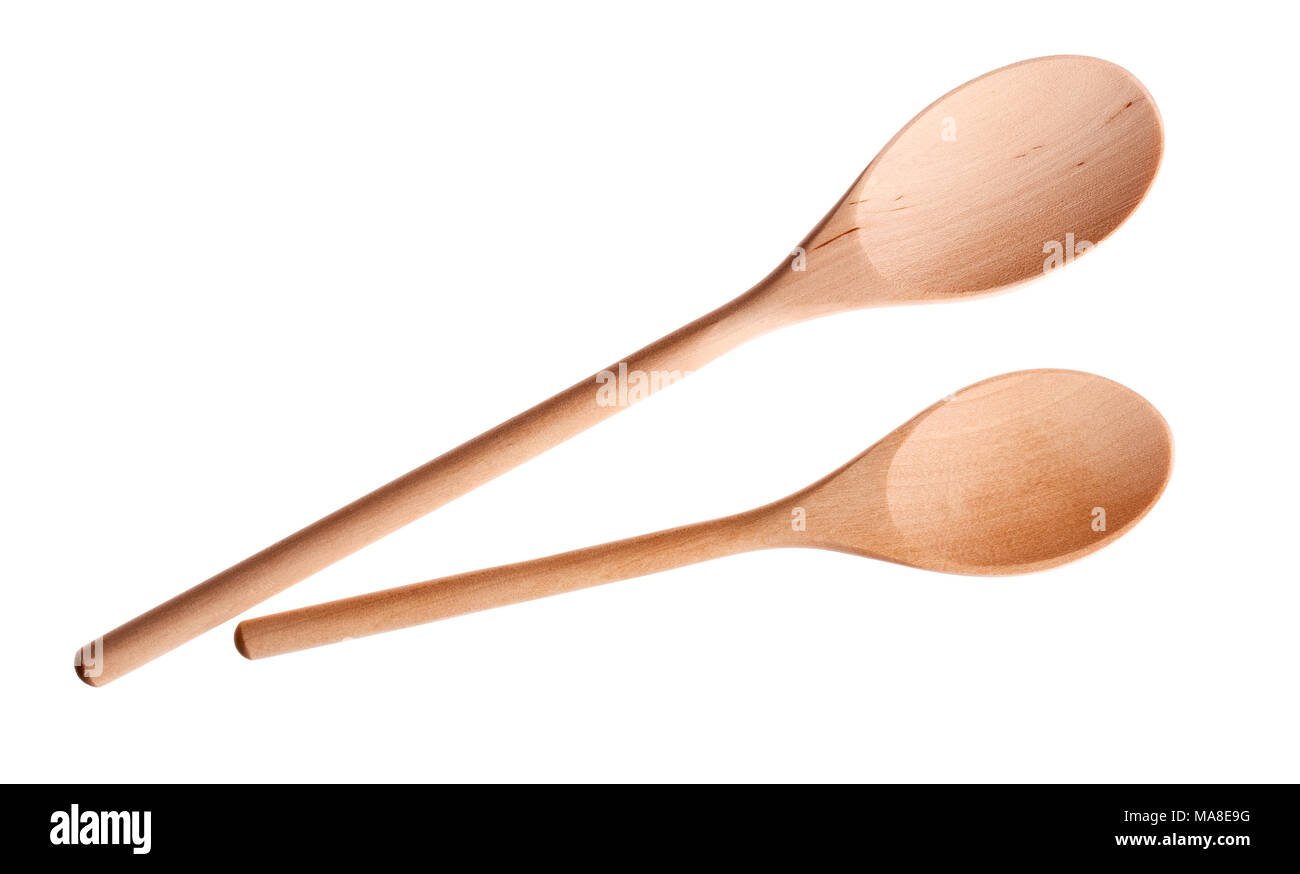 Two Ukrainian wooden spoons isolated on white background. Stock Photo
