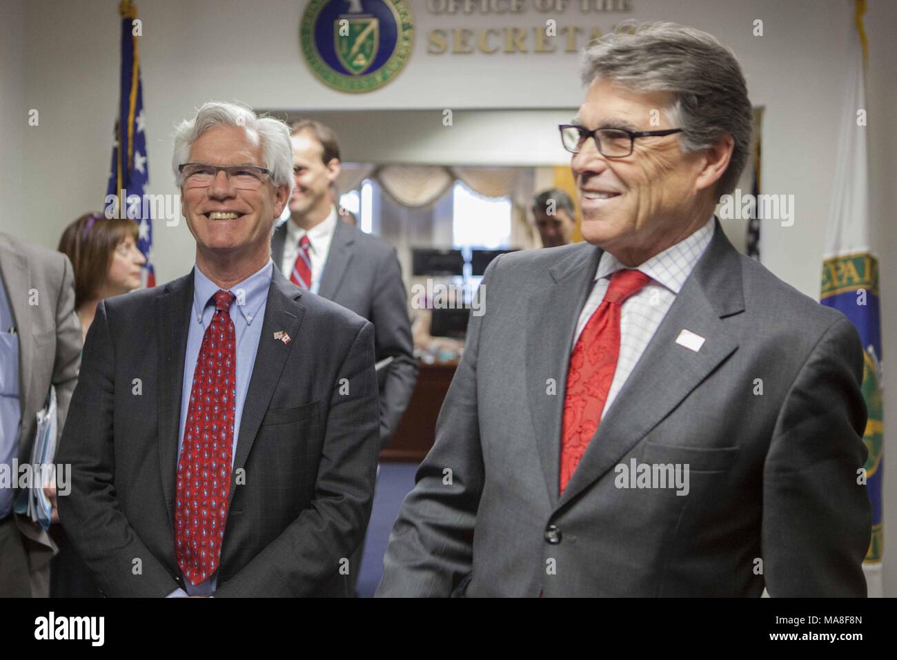 United States Department of Energy Secretary Rick Perry, standing right and slightly in the foreground, with Canada's Minister of Natural Resources, James Gordon Carr, March 30, 2017, image courtesy of the US Department of Energy, March 29, 2017. () Stock Photo