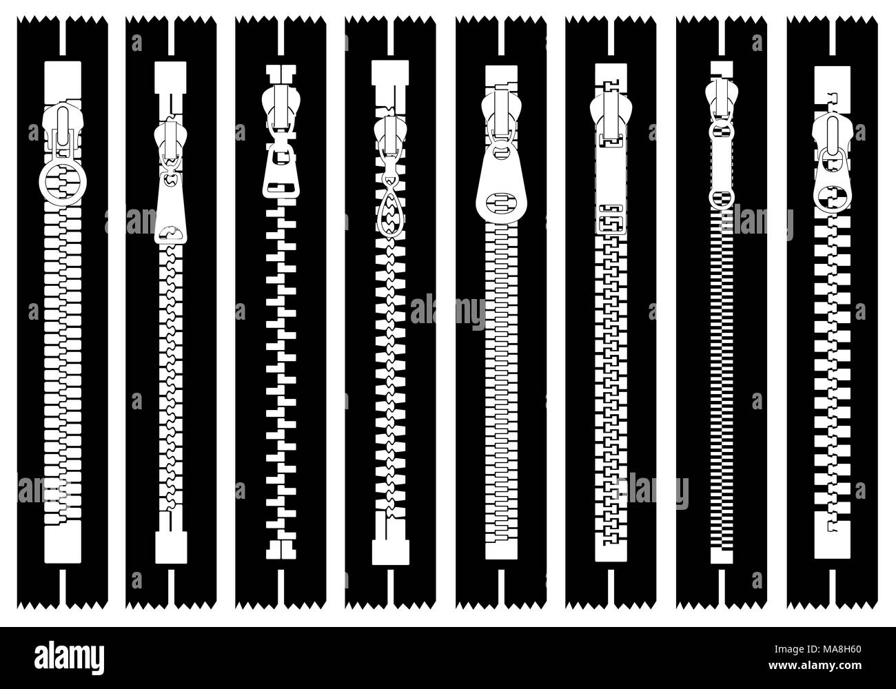 Illustration of different zippers isolated on white Stock Photo Alamy