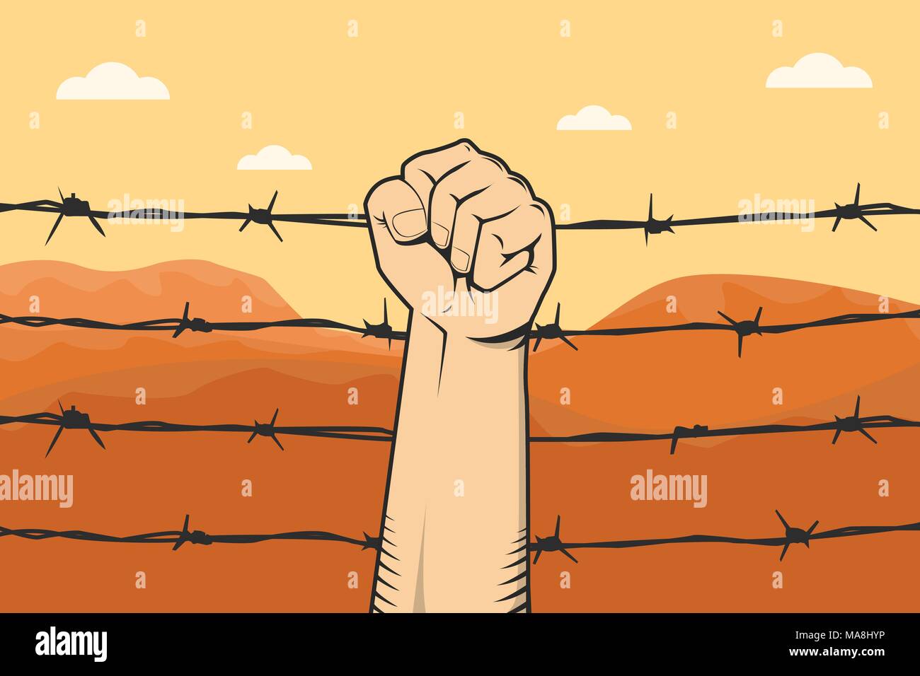 protest sign with hand fist and barbed wire as background and mountain ...