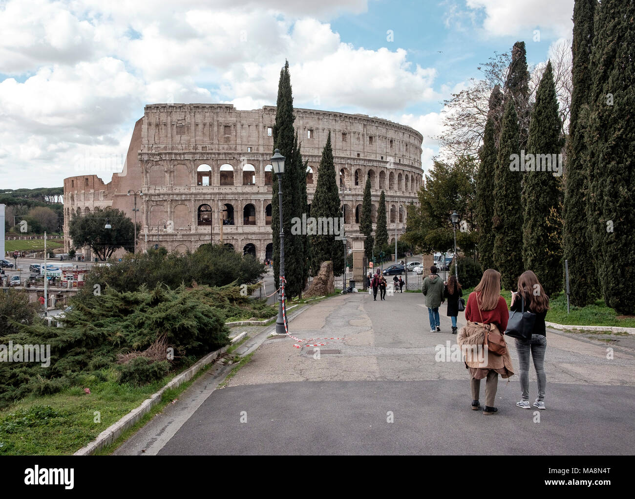 View to The Colosseum, Rome from the Oppian Hill Park. Stock Photo