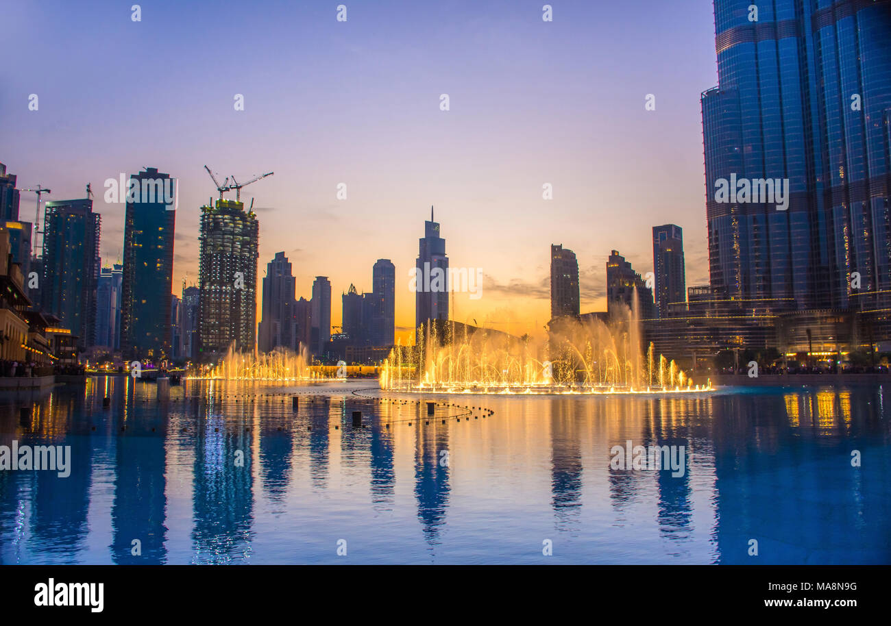 The Dubai Fountain is the world's largest choreographed fountain system, at the center of the Downtown Dubai. Set in Burj Khalifa Lake, right outside  Stock Photo