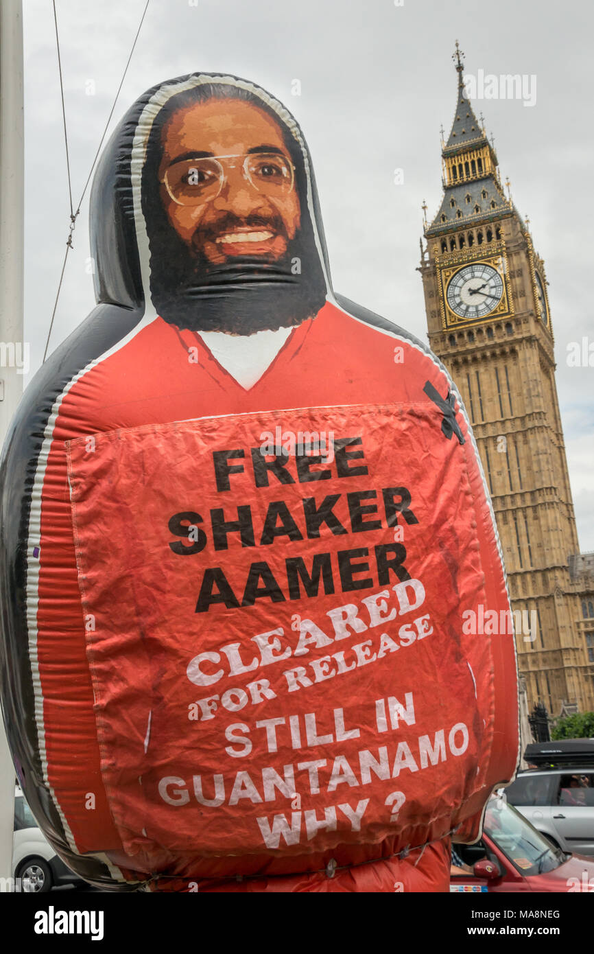 A giant inflatable Shaker Aamer in front of Big Ben at weekly vigil by Free Shaker  Aamer campaign opposite Parliament Stock Photo - Alamy