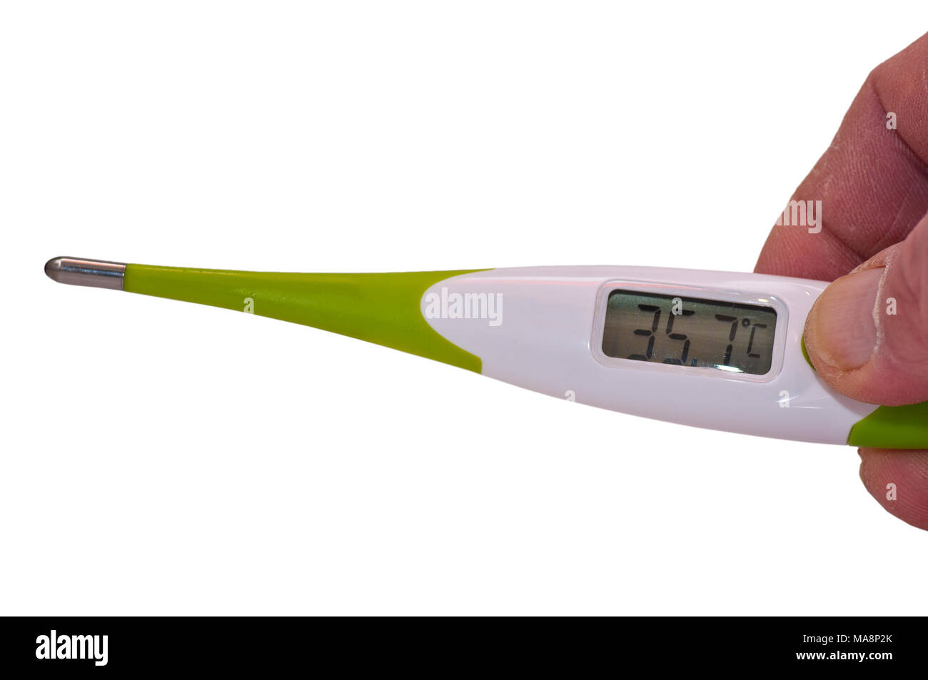 Hand Holding A Digital Medical Thermometer Normal Reading 35.7 Degrees