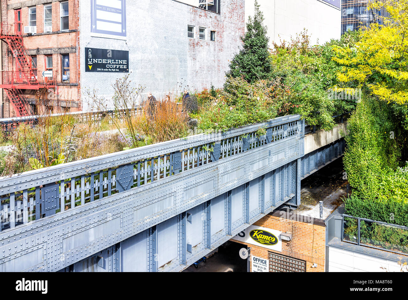 New York City, USA - October 30, 2017: Highline, high line, urban garden in NYC with Underline coffee cafe sign in Chelsea West Side by Hudson Yards,  Stock Photo