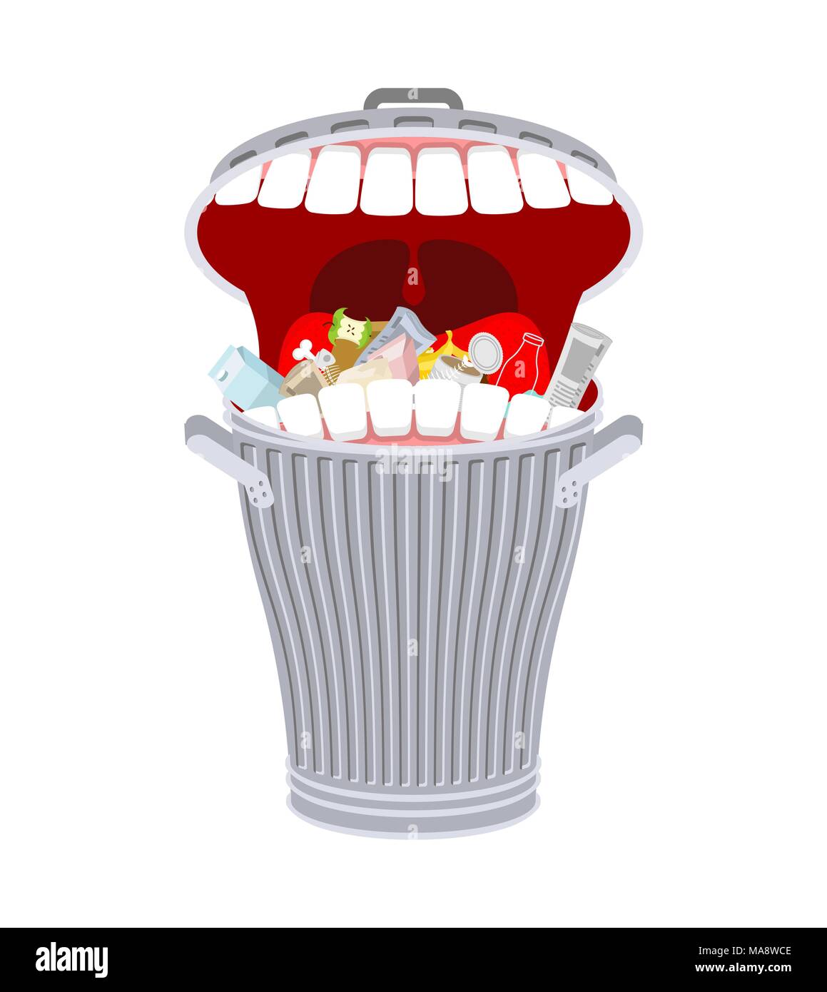 Garbage can with teeth. Trash can hungry. Eats rubbish Stock Vector