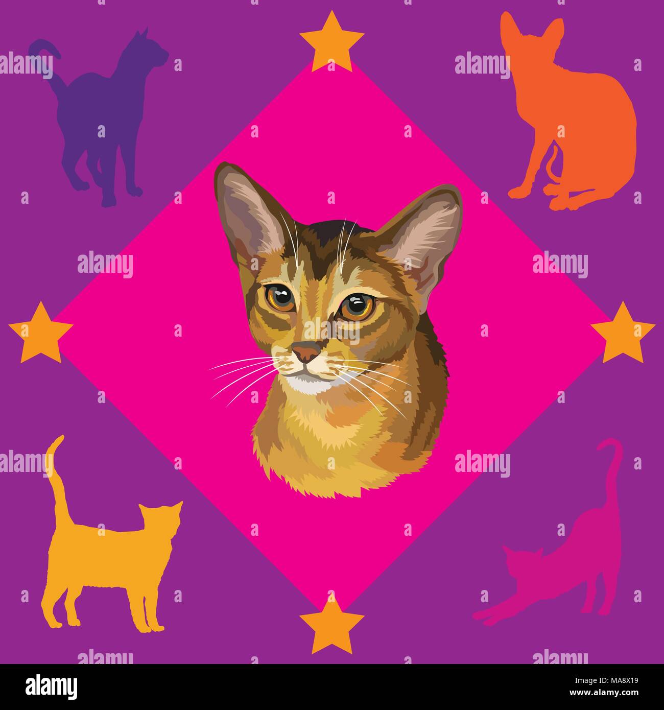 Colorful seamless pattern with portrait of Abyssinian Cat on pink and ...