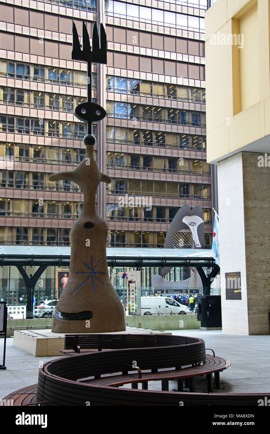 Joan Miro's 1981 sculpture 'Chicago' of a woman with outstretched arms is 39-feet tall and across the street from the iconic Picasso sculpture Stock Photo