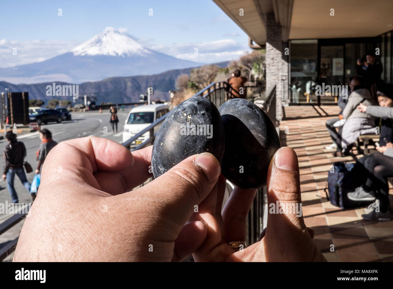 Black eggs cooked in the sulfur of Mount Hakone and sold in Owakudani