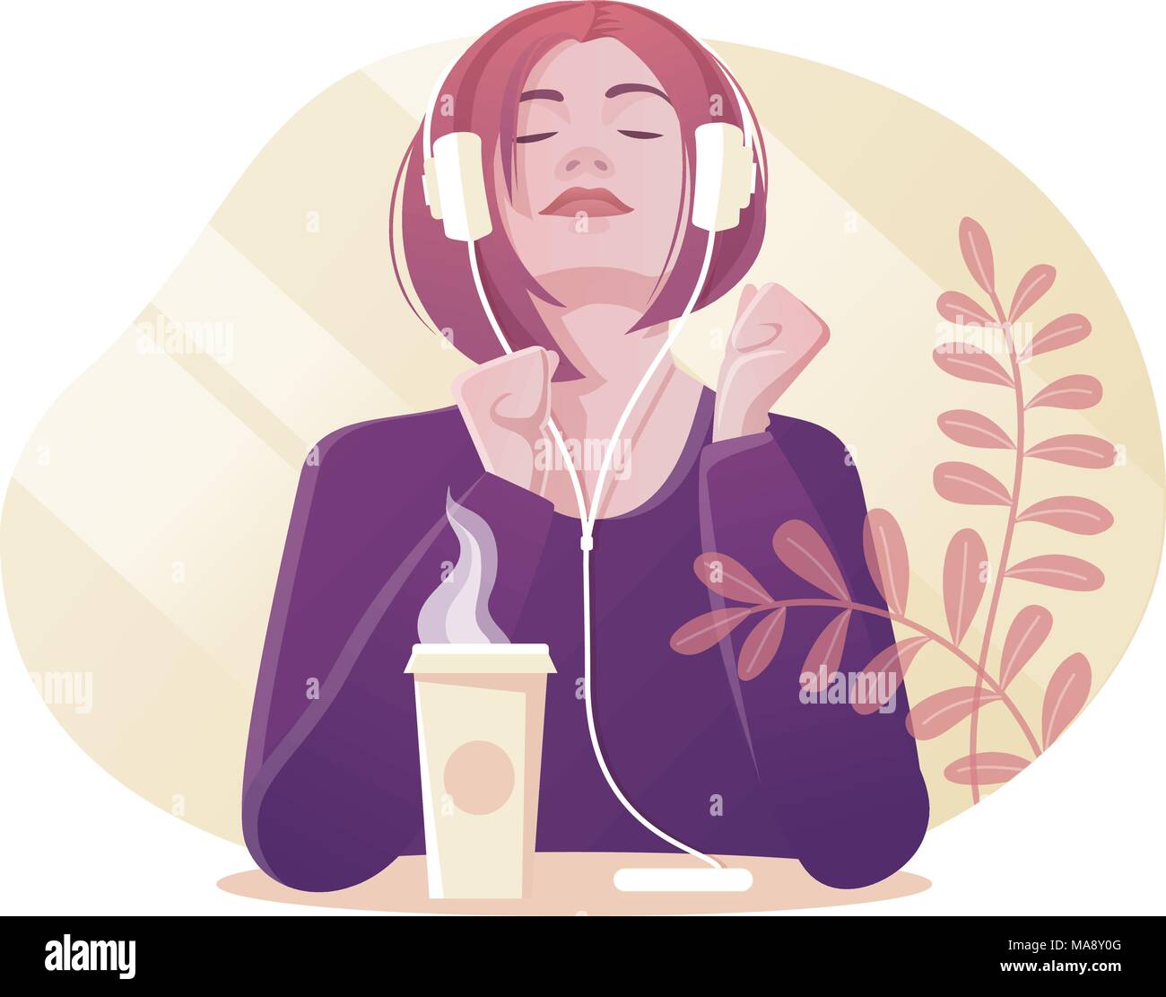 Vector illustration of young girl drinking coffee and listening music with headphones. Modern flat style. Stock Vector