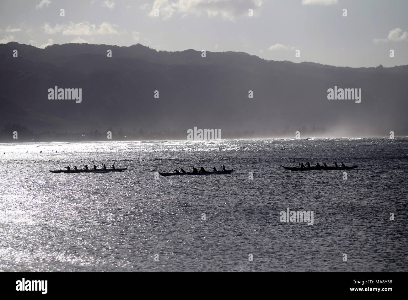 Outrigger canoes on the North Shore of Oahu near Haleiwa. Stock Photo