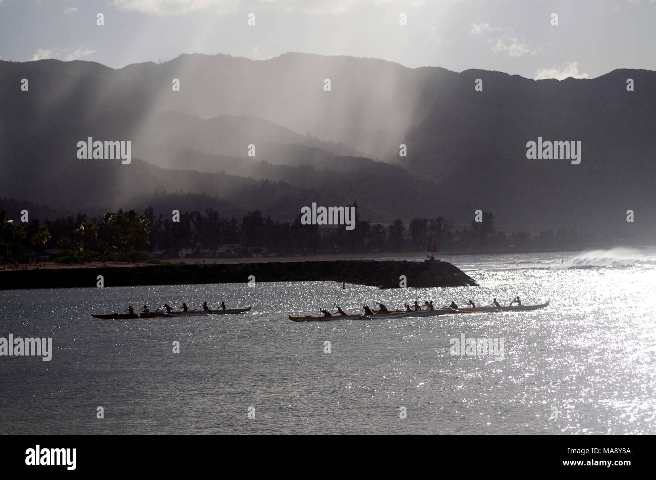 Outrigger canoes on the North Shore of Oahu near Haleiwa. Stock Photo